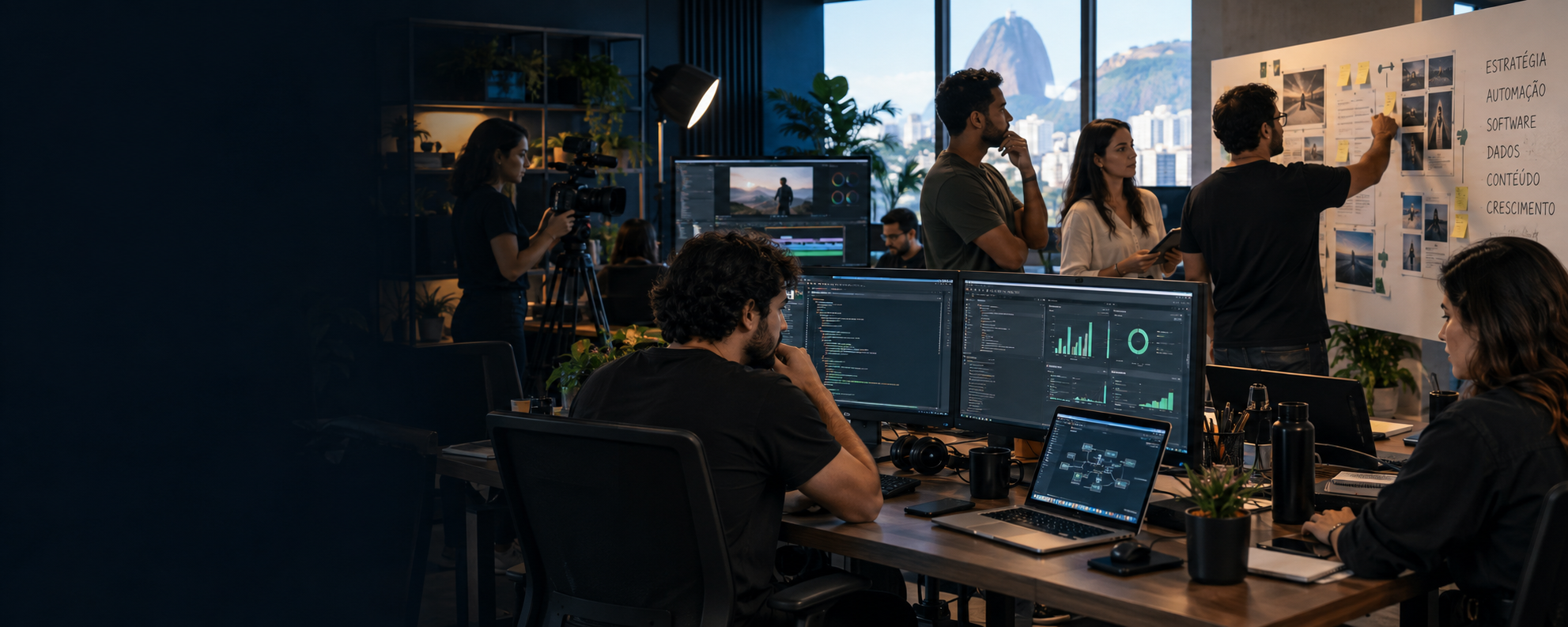 Equipe trabalhando com automação, software, dados e produção de vídeo
